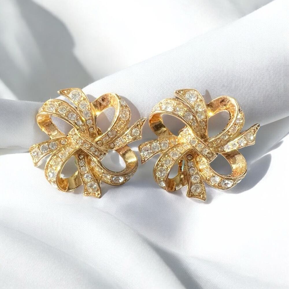 Vintage 90s KJL Kenneth Jay Lane for Avon Gold Tone Bow Clip Earrings